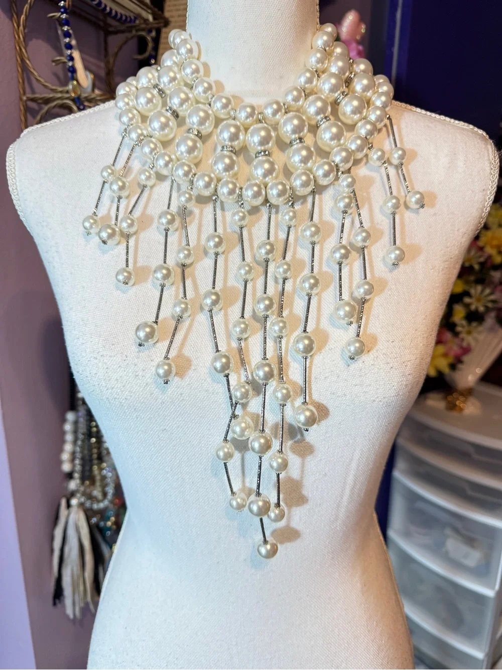 Elegant Pearl Fringe Statement Necklace - White Pearls